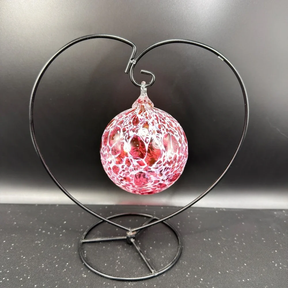 Hand Blown Glass Friendship Ball Ornament Pink‎ White Speckled Heart Stand VTG
